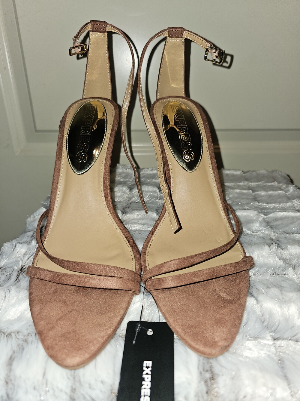 Express Tan Suede Strappy Ankle-Heel Sandals